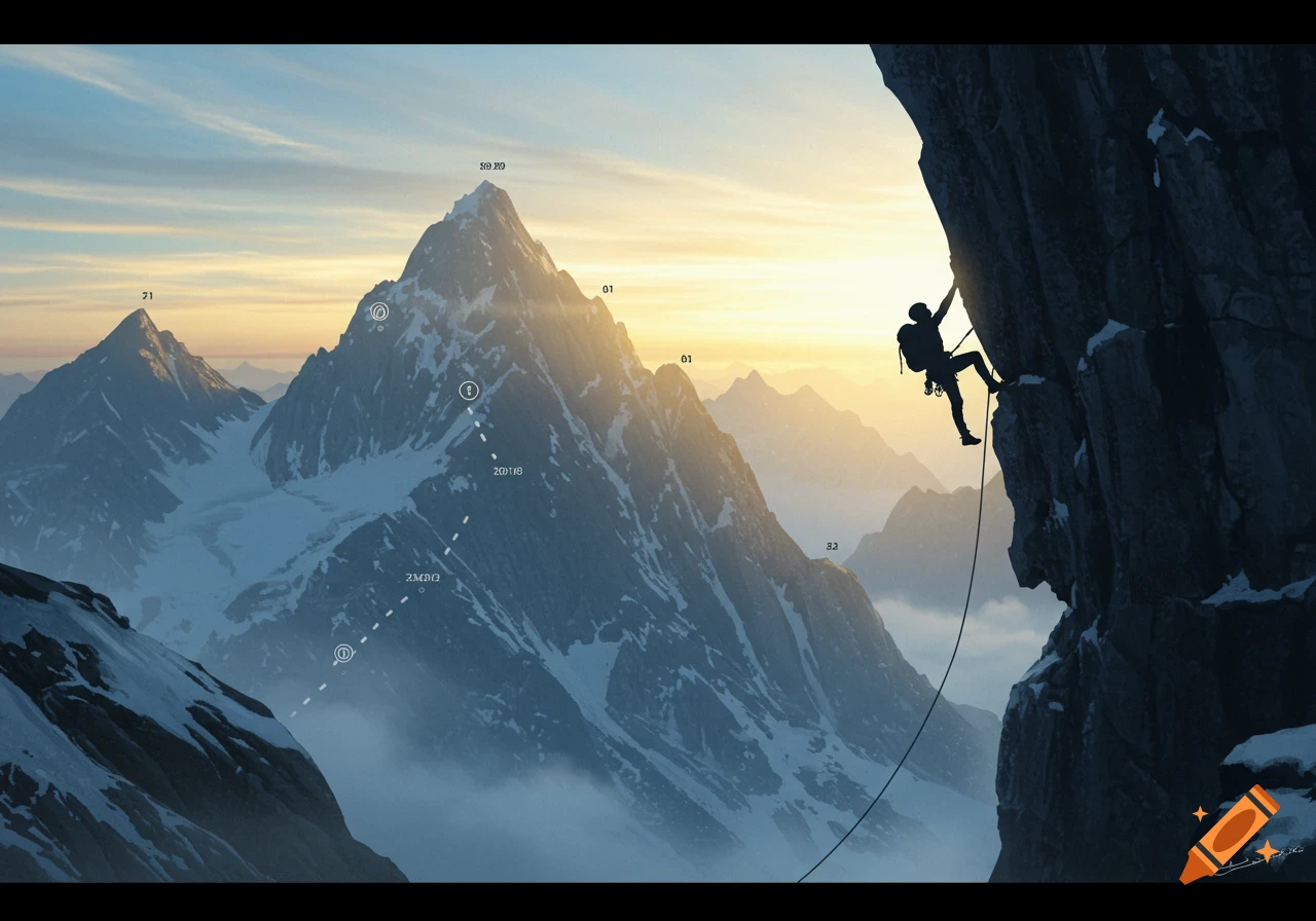 Silhouette of a mountain climber ascending a steep rock face with snowy peaks in the background at sunrise, overlaid with various numbers and symbols.