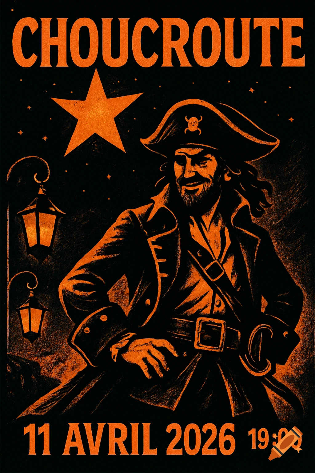 A black and orange poster illustration of a smiling pirate wearing a tricorn hat, with a large star and lanterns, and text that reads "CHOUCROUTE 11 AVRIL 2026 19:00".