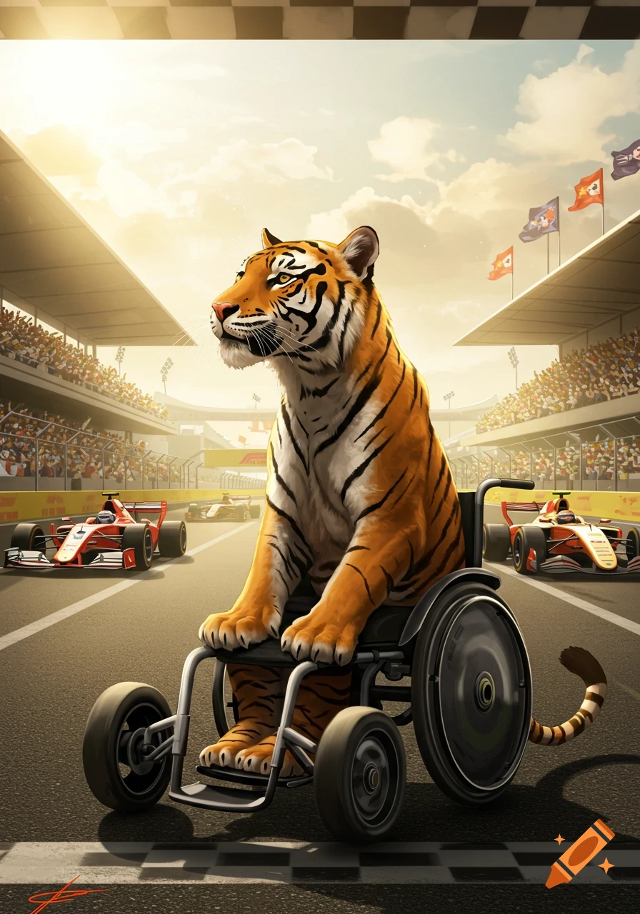 Digital art of a tiger in a wheelchair on a Formula 1 race track with cars and spectators.