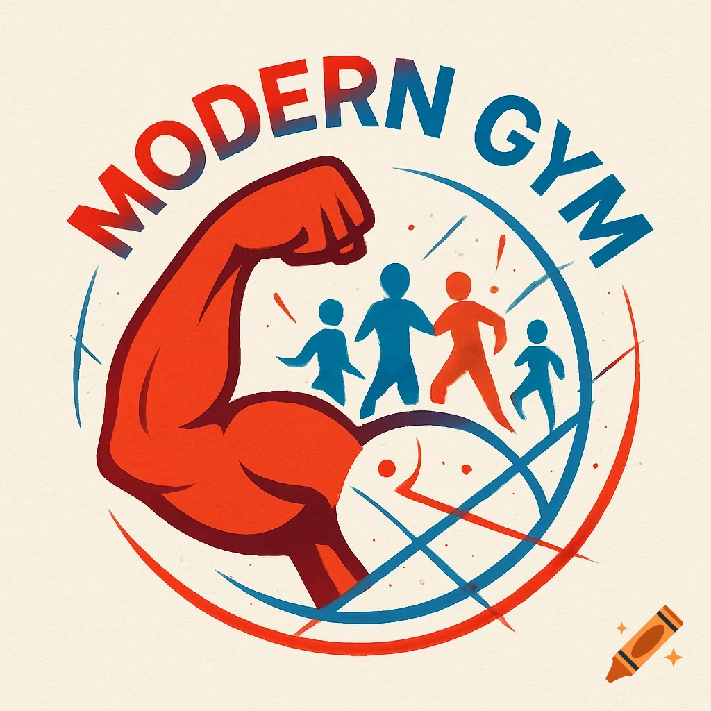 Modern Gym logo featuring a red bicep, blue and orange stylized figures, and abstract lines in a graphic art style.