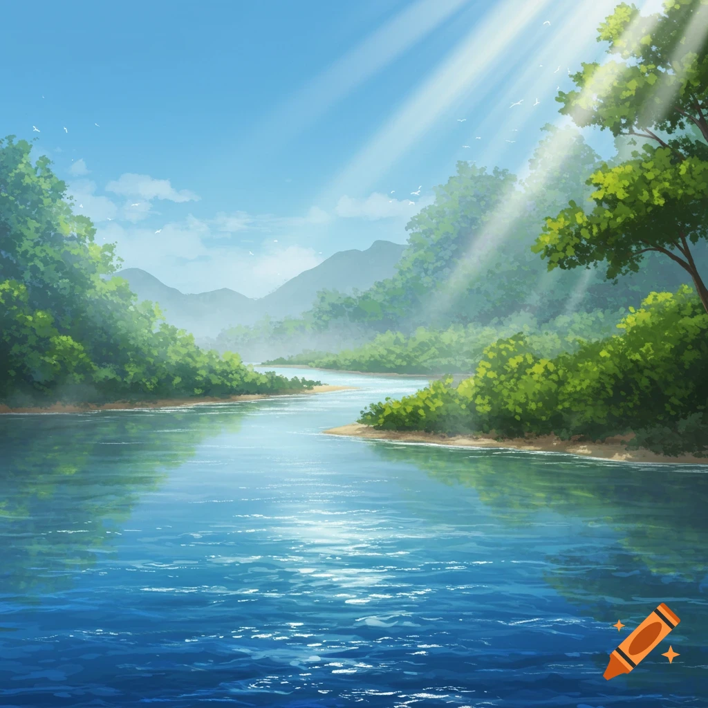 Illustrated serene river winding through a lush green landscape with distant mountains, bathed in sun rays from a clear blue sky.