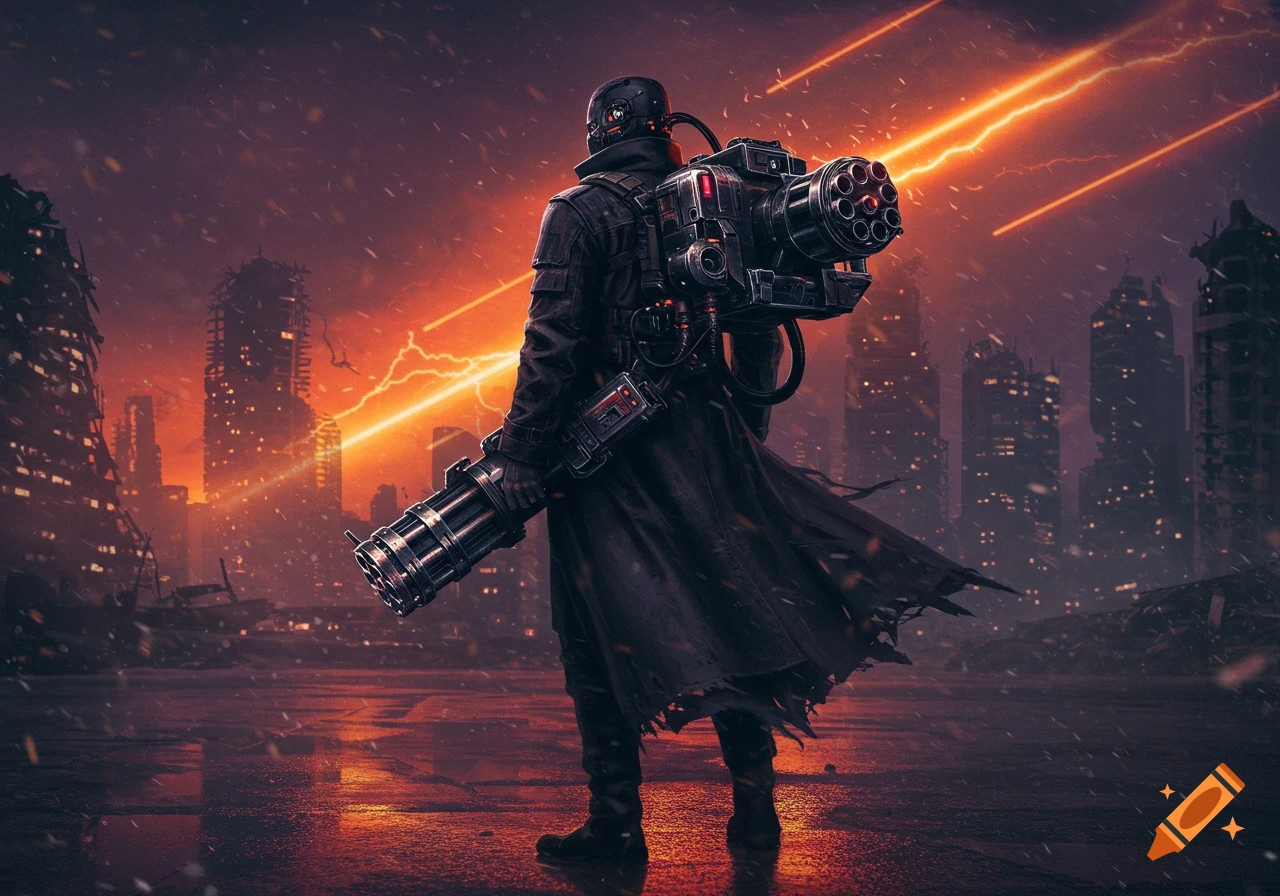 A figure in a trench coat with a large, futuristic weapon stands in a ruined, lightning-lit dystopian city, viewed from behind.