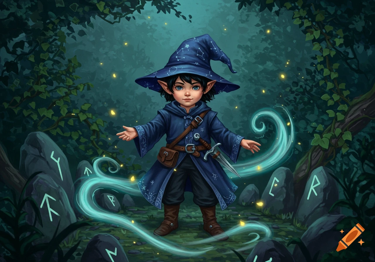 A cute young gnome wizard in a blue pointed hat and robe stands in a dark forest, surrounded by glowing runes on rocks and blue magic trails.