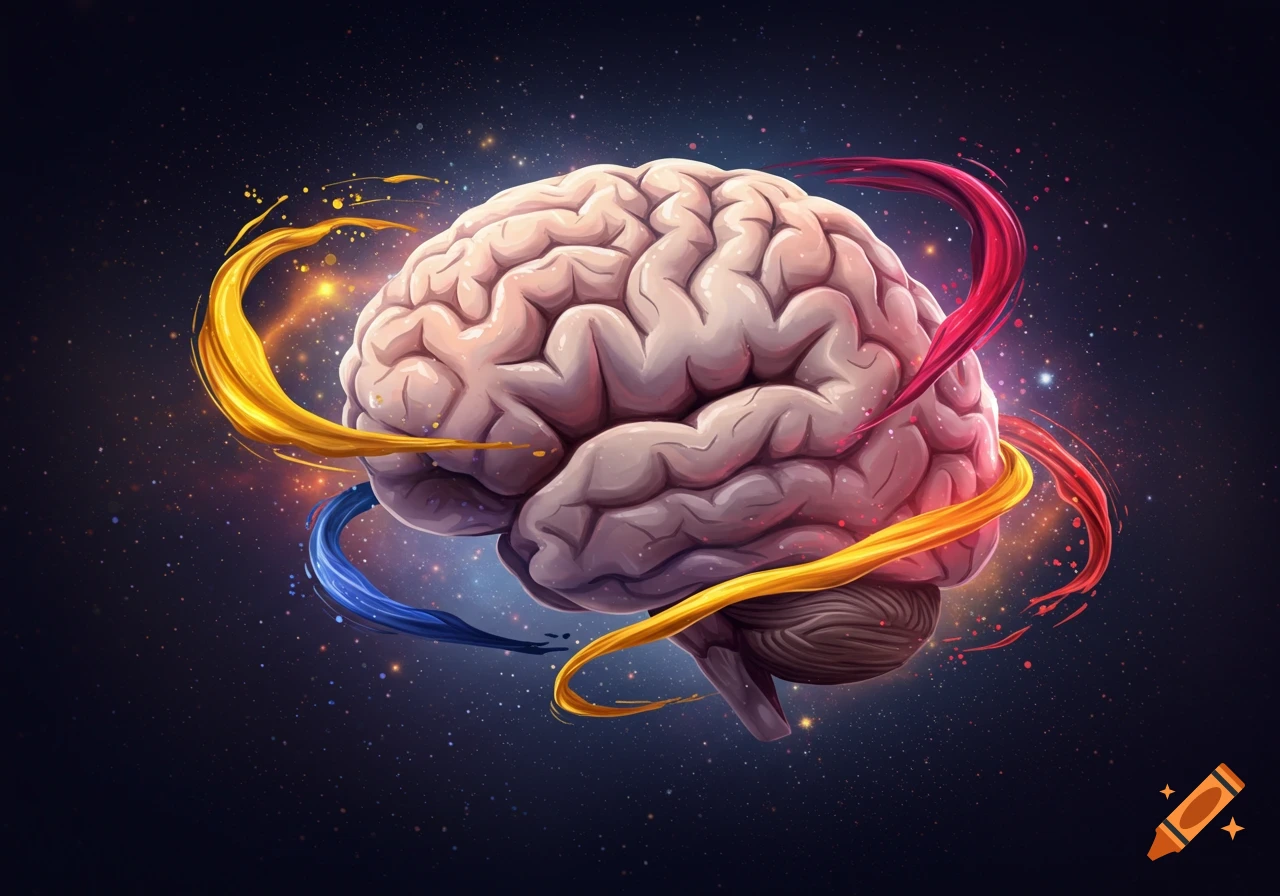 A stylized human brain floats in a starry cosmic background, encircled by vibrant red, yellow, and blue paint swirls and splashes.