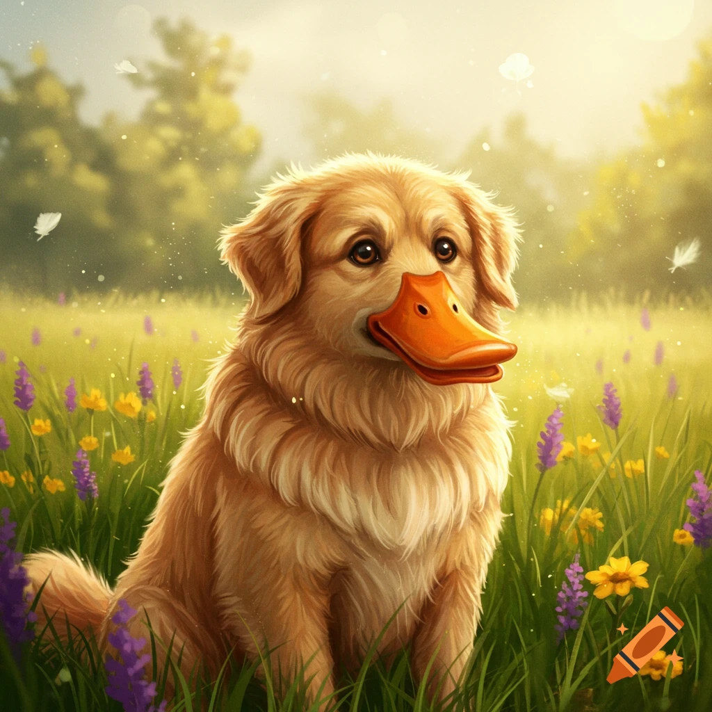 A whimsical illustration of a golden retriever with a duck's bill sitting in a sunny field of purple and yellow flowers.