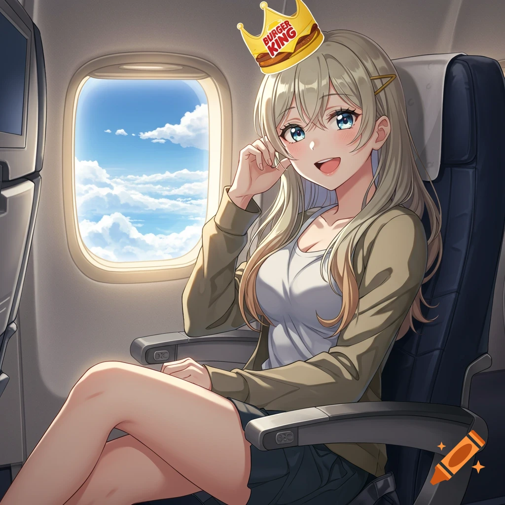 An anime girl with long blonde hair and a Burger King crown smiles in an airplane seat, looking out the window at clouds.