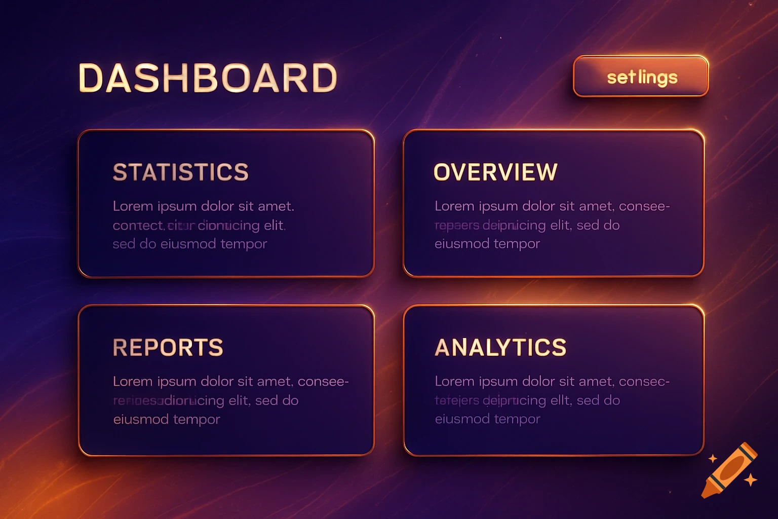 Digital dashboard interface with glowing orange and purple elements, showing sections like Statistics, Overview, Reports, and Analytics.