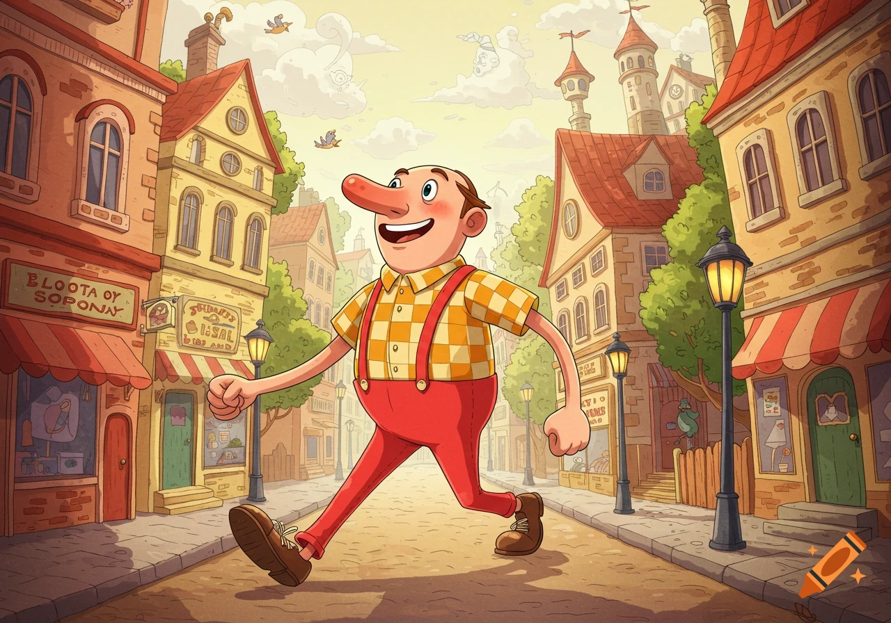 Cartoon man with a long nose in a plaid shirt and red overalls walks on a street in a colorful town.