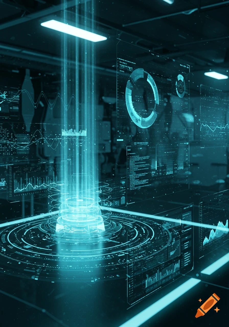 Futuristic glowing blue light column rising from a circular platform, surrounded by transparent screens displaying abstract data and graphs.