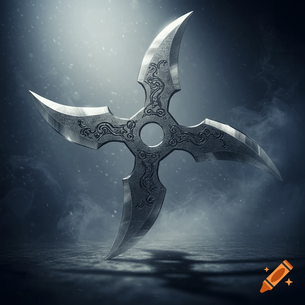 A stylized metallic shuriken with four axe-like blades and intricate patterns, dramatically lit against a smoky background.