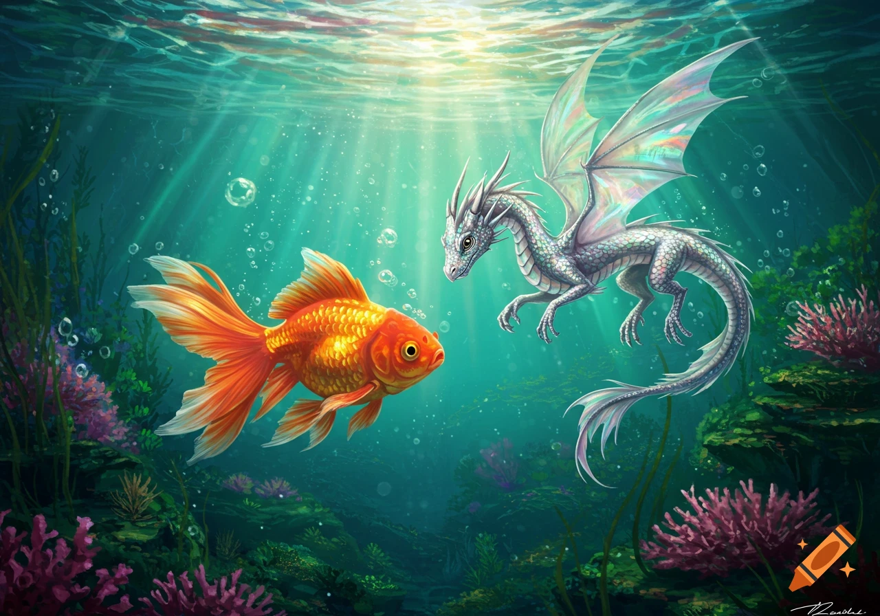 A vibrant goldfish and a silver dragon meet underwater, surrounded by coral and illuminated by shafts of sunlight from above.