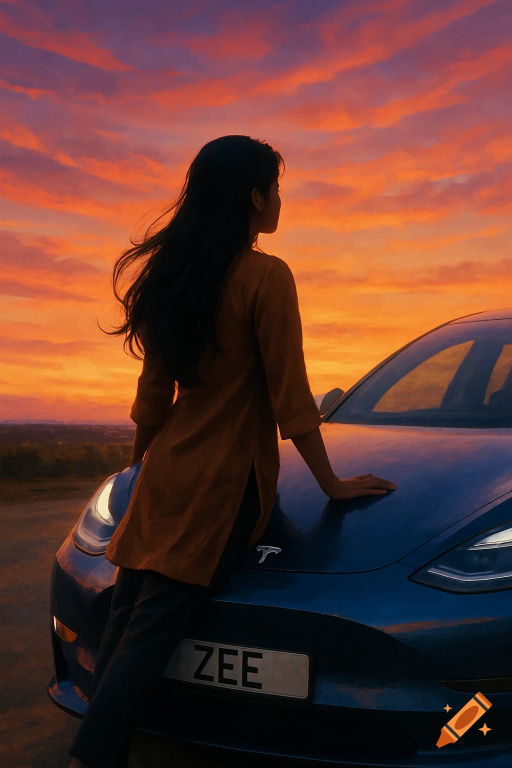 A woman with long dark hair leans against a blue Tesla at sunset, looking out at the orange sky.