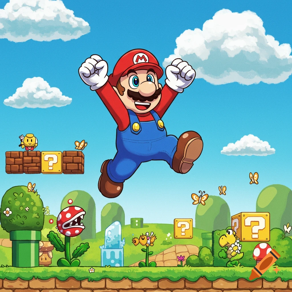 Cartoon Mario leaps over a vibrant Super Mario Bros. level featuring iconic blocks, enemies, and butterflies under a blue sky.