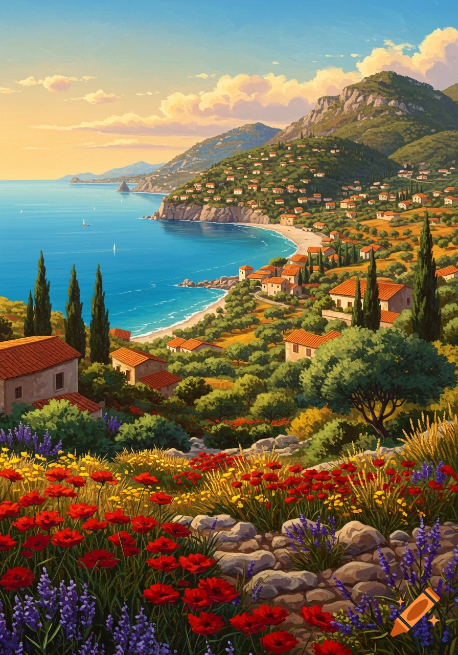 Vibrant painterly landscape of a Mediterranean coast with red poppies, purple flowers, and houses nestled on green hills by a blue ocean.