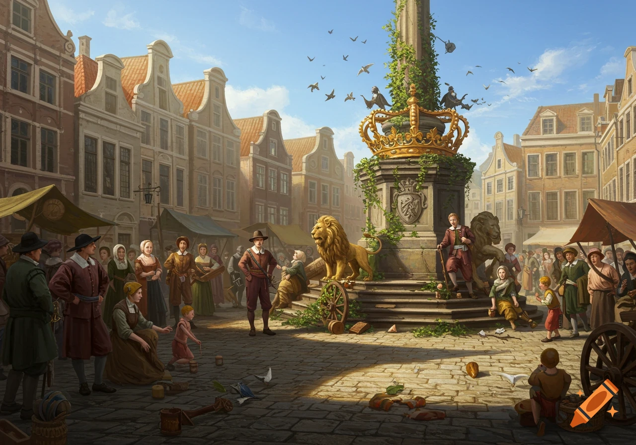 A bustling 17th-century Dutch town square with a market, gabled buildings, and a large monument topped with a golden crown and a lion statue.