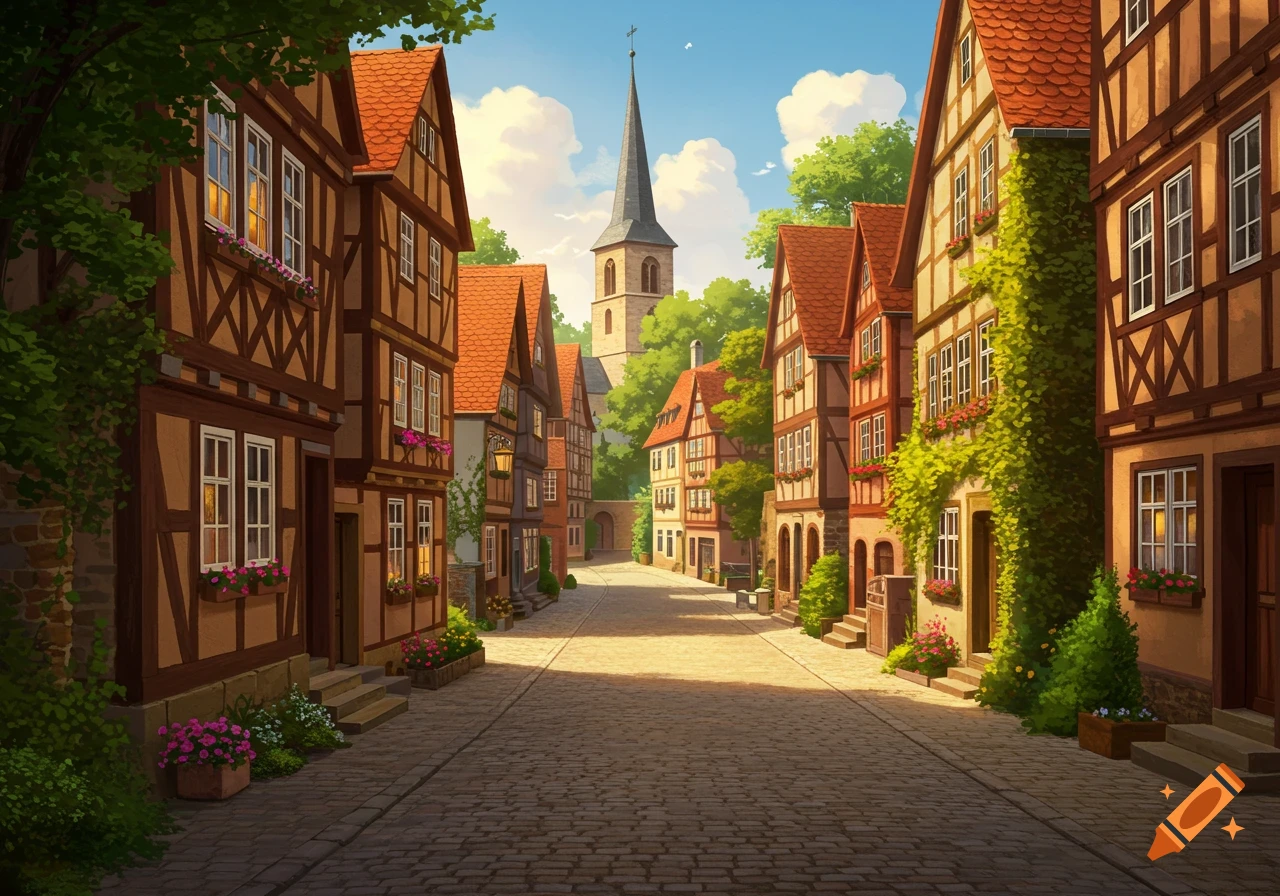 A quaint illustrative street scene in a North German village with half-timbered houses, a cobblestone street, and a church spire.