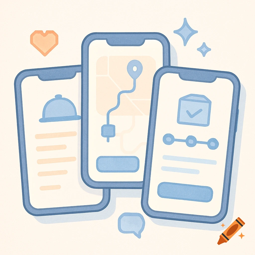 Minimalist pastel illustration of three smartphone screens displaying food delivery app interfaces, with a heart, sparkles, and a chat bubble.