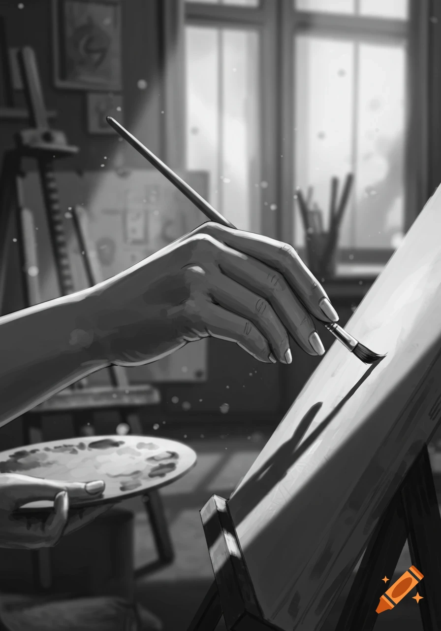A grayscale sketch of a hand holding a paintbrush, painting on an easel in an art studio.