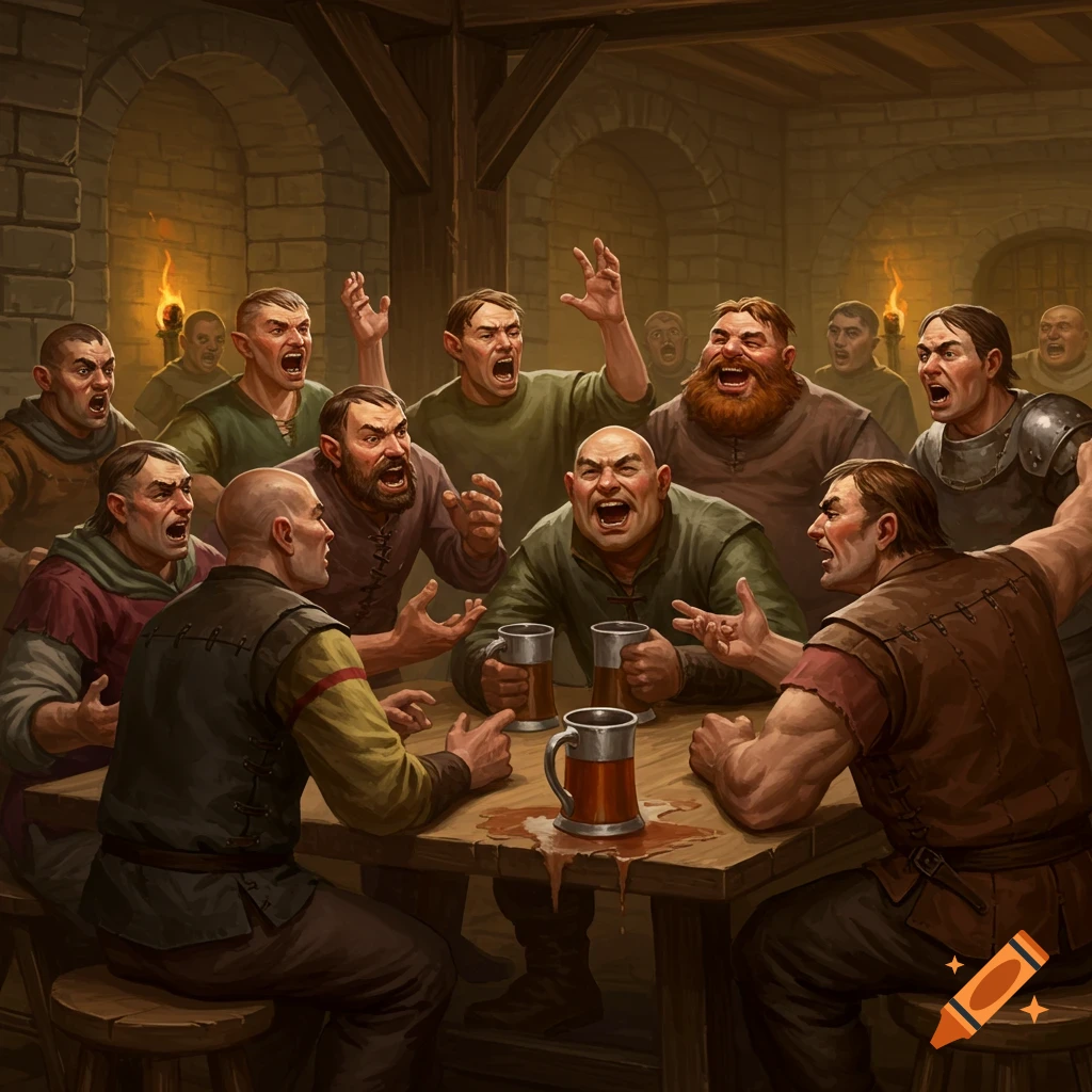 Boisterous men in medieval attire argue around a wooden table in a dimly lit tavern, holding tankards. Digital painting.