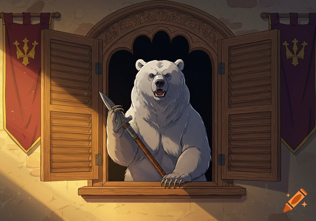 A fierce animated polar bear holds a spear, looking out from an open medieval window flanked by red and purple banners.