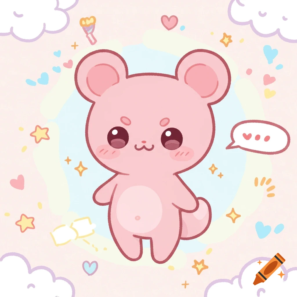 A pink, cute cartoon mouse-like creature with big eyes and rosy cheeks stands amidst floating hearts, stars, and clouds.