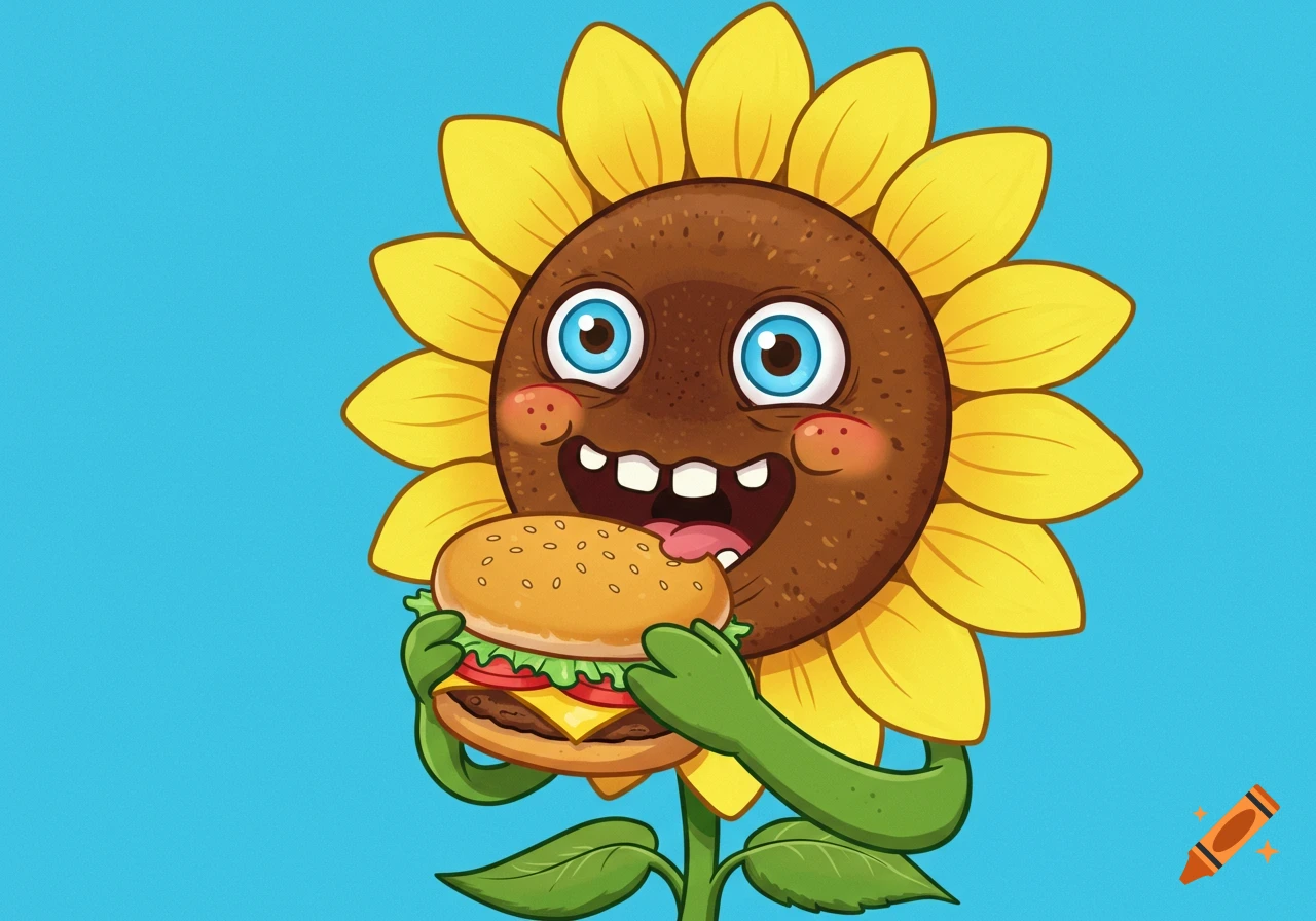A cheerful cartoon sunflower with a wide mouth and big eyes happily eats a hamburger.