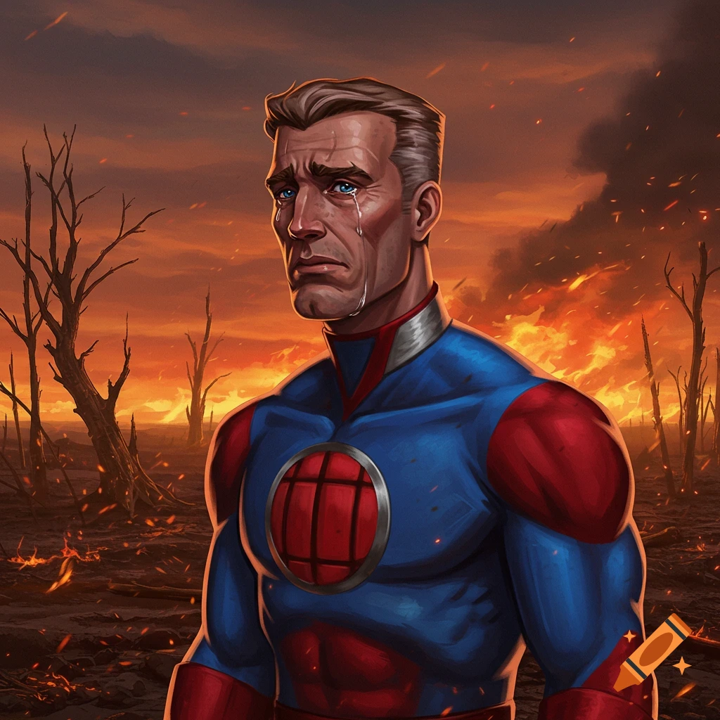 A blue and red superhero, Captain Planet, weeps in a burning, desolate landscape with dead trees under an orange, smoke-filled sky.