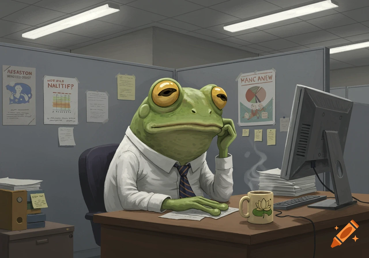 A tired anthropomorphic frog wearing a white shirt and tie sits at an office cubicle desk, looking at a computer monitor.
