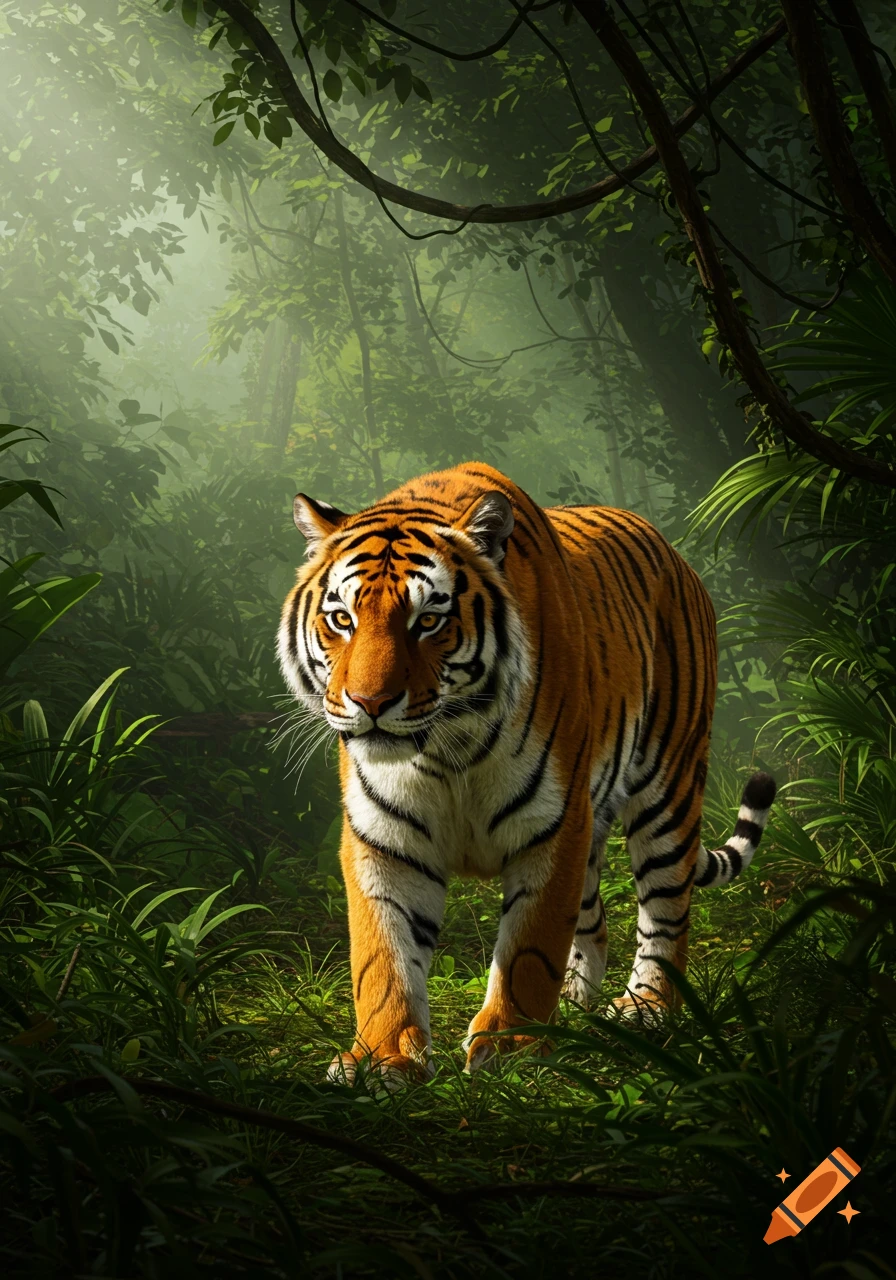 A photorealistic tiger with orange and black stripes walks through a lush, misty green jungle with sun rays filtering through the canopy.