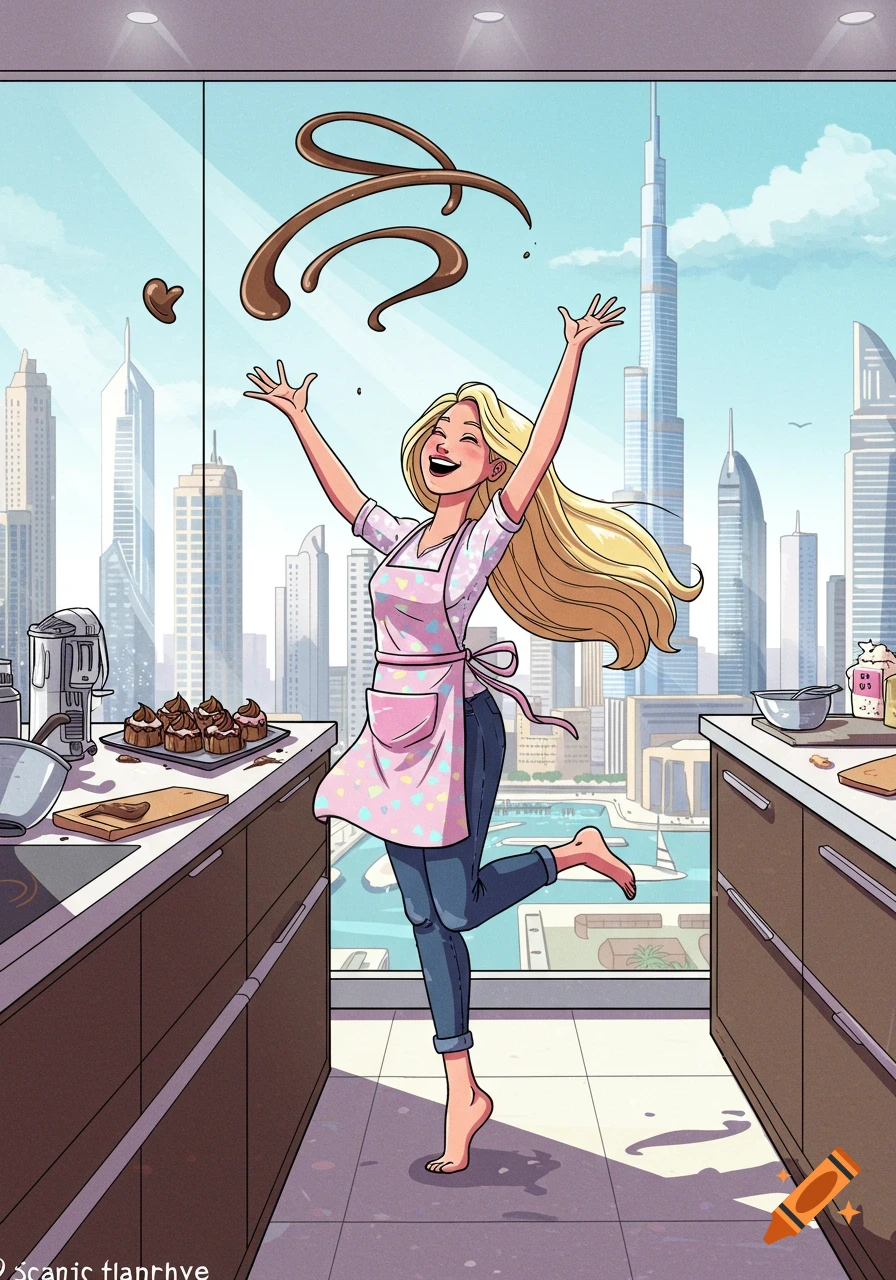 A blonde woman in a pink apron joyfully splashes chocolate while baking in a modern kitchen overlooking the Dubai cityscape in comic style.