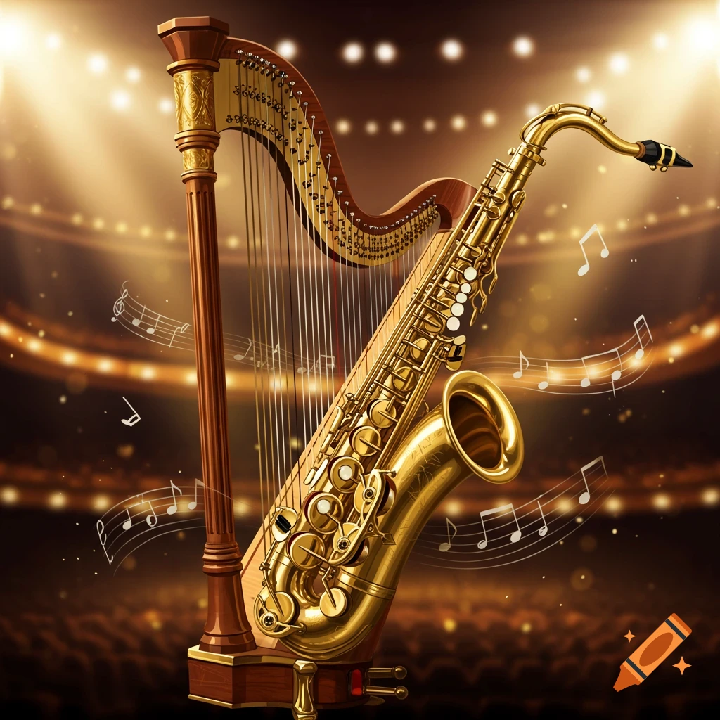 A golden saxophone and a wooden harp, merged into a single instrument, stand dramatically on a stage with spotlights and floating musical notes.