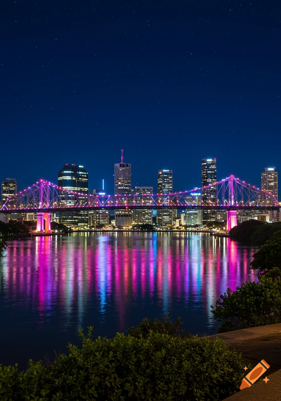 Brisbane skyline at night with a brightly lit bridge over the river, reflecting vibrant pink and blue lights.