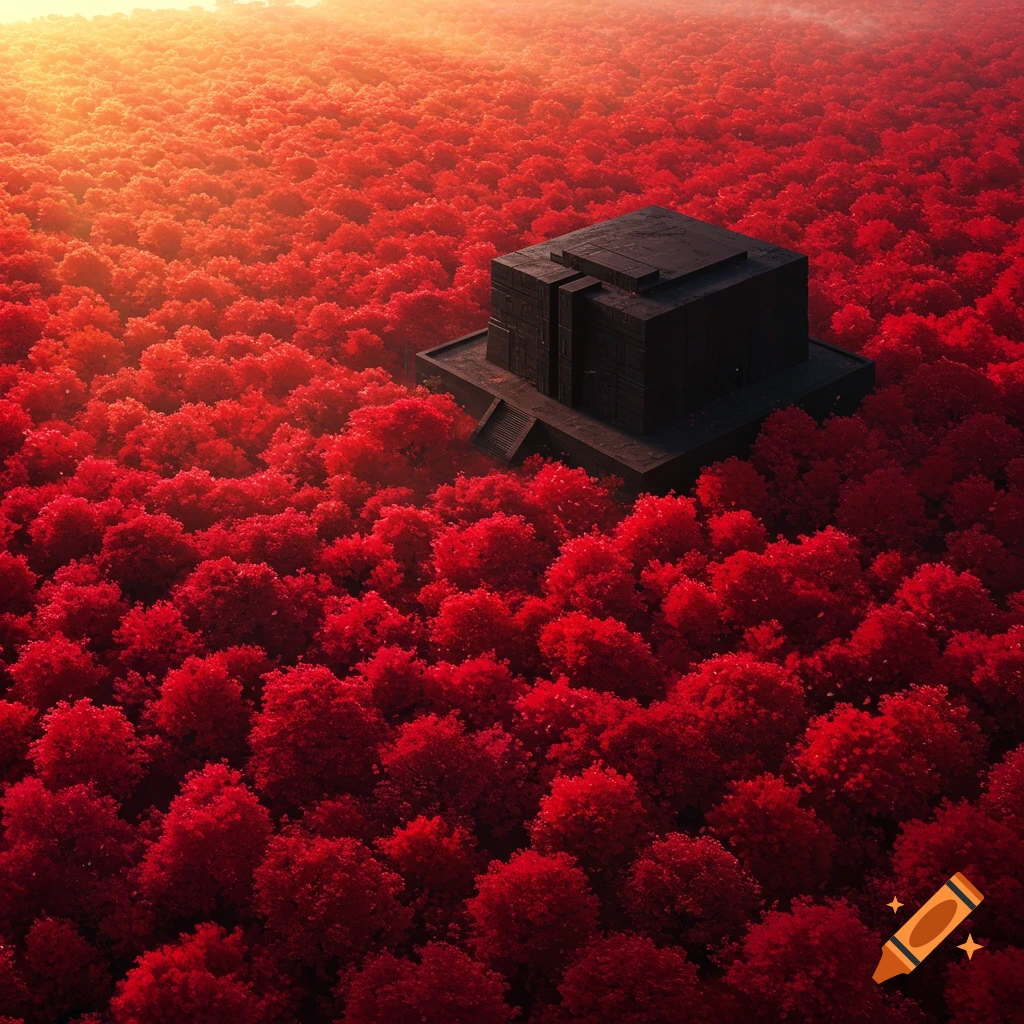 An aerial view of a dark, flat ziggurat-like structure centered in a dense forest of vibrant crimson trees, bathed in warm, golden light.