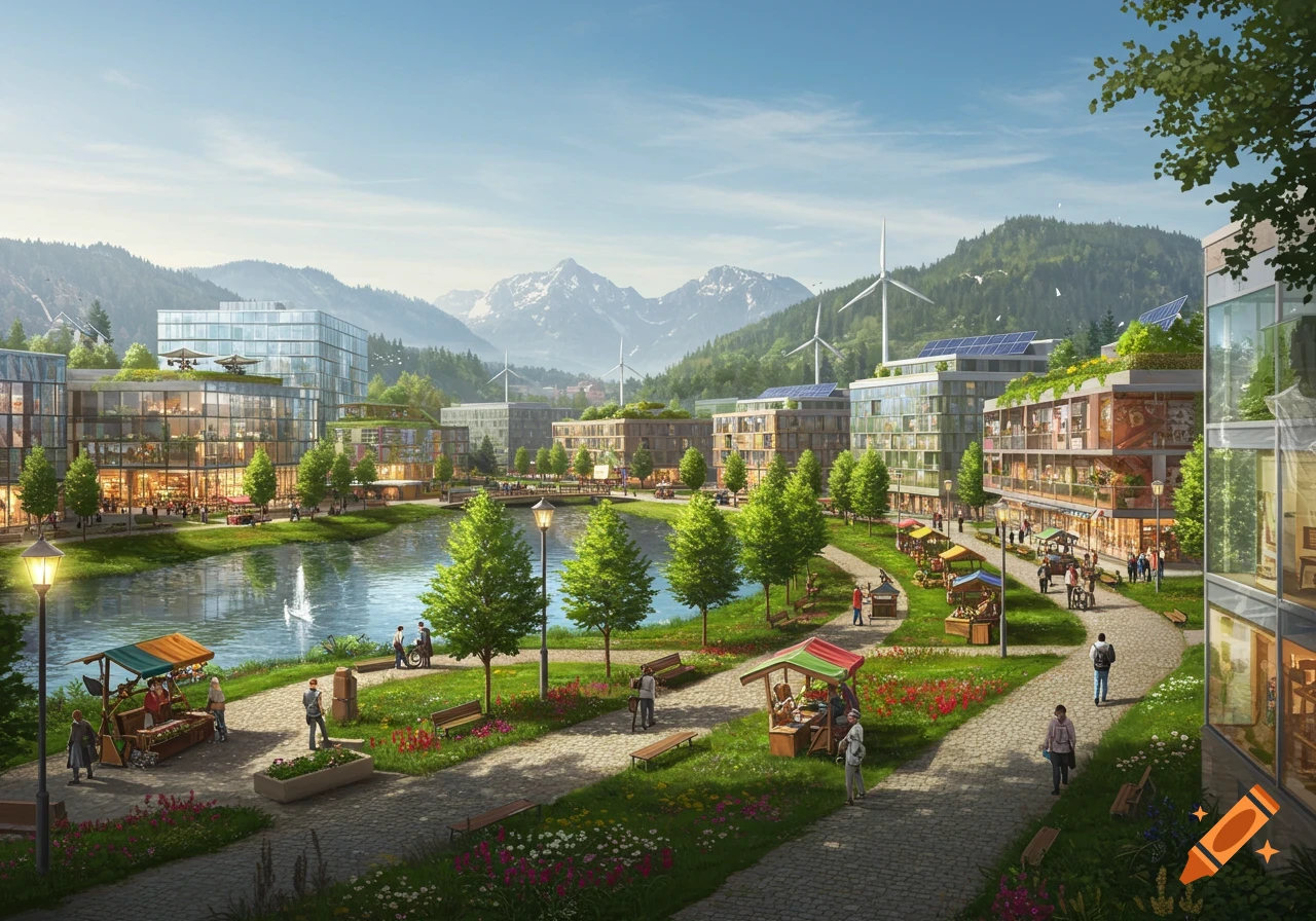 Vibrant utopian cityscape with modern buildings, a lake, market stalls, lush greenery, and mountains under a clear sky.