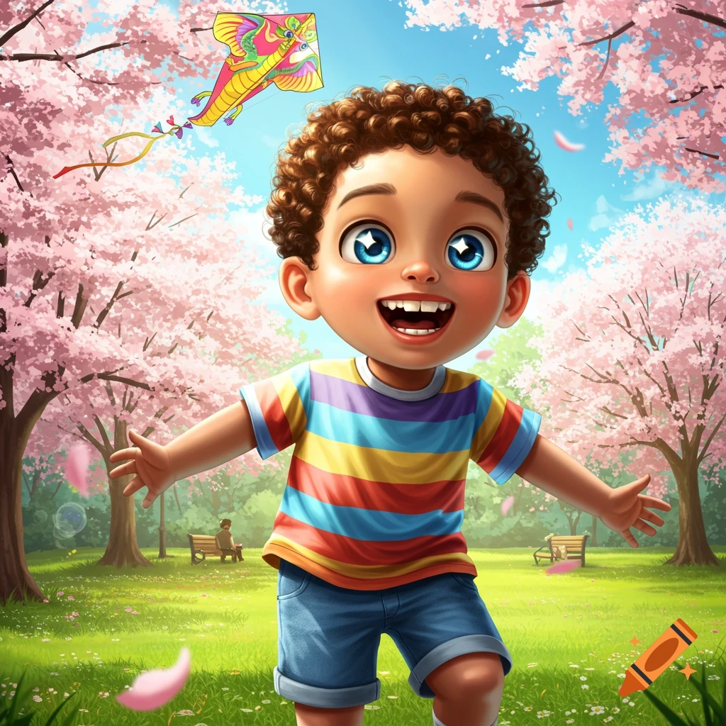 A happy cartoon boy with curly brown hair and blue eyes, wearing a striped shirt and shorts, runs with open arms in a cherry blossom park with a colorful kite flying above.
