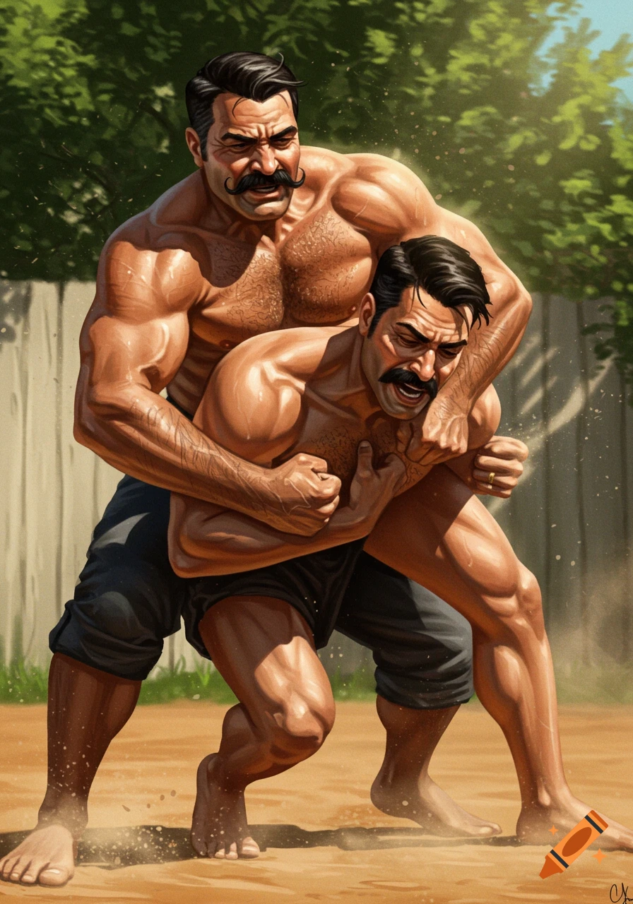 Two muscular men with mustaches wrestle outdoors, one applying a headlock to the other, grimacing in a competitive match.