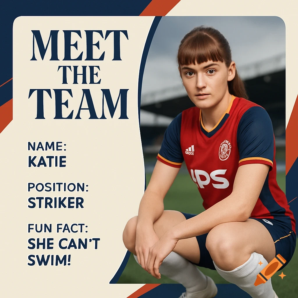 A graphic featuring a female soccer player in uniform, squatting on a field, with text that reads "Meet the Team," "Name: Katie," "Position: Striker," and "Fun Fact: She can't swim!"