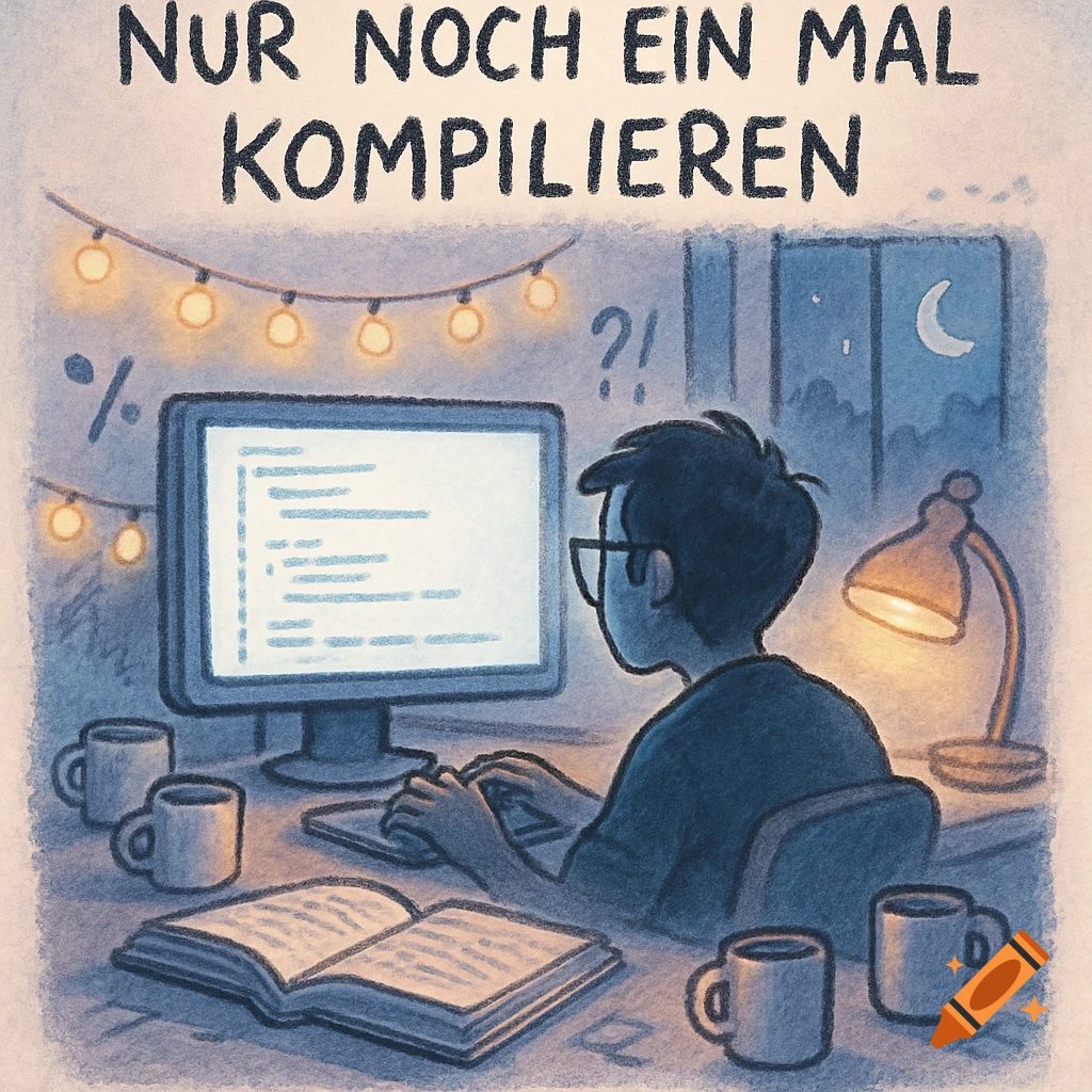 Cartoon illustration of a person coding at night, with the text 'NUR NOCH EIN MAL KOMPILIEREN' above.