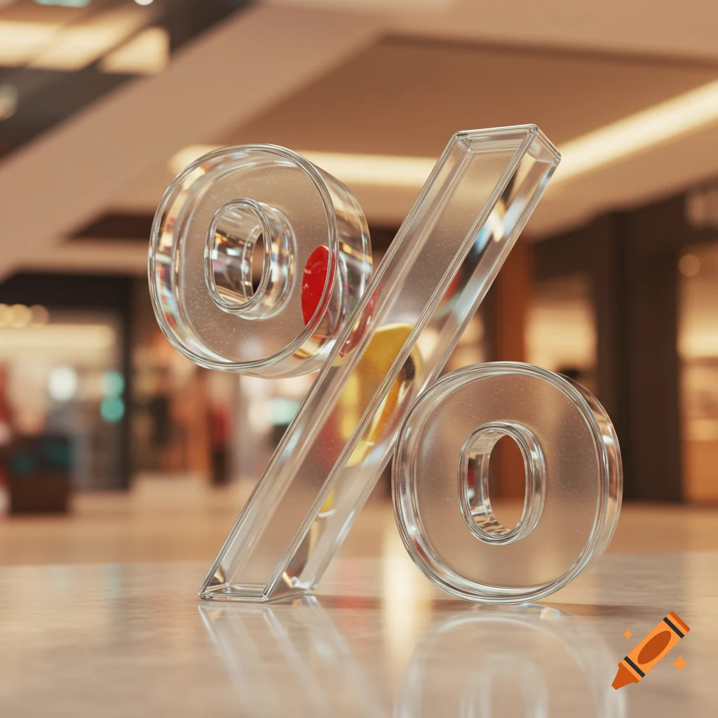 A shiny, transparent glass percentage symbol with red and gold reflections, standing on a polished floor in a softly blurred shopping mall.