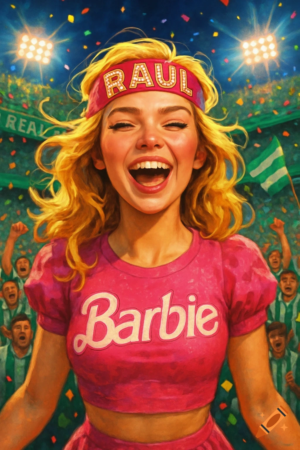 A cheerful woman with blonde hair, wearing a pink Barbie shirt and "RAUL" headband, cheers enthusiastically at a vibrant stadium with confetti and other fans.