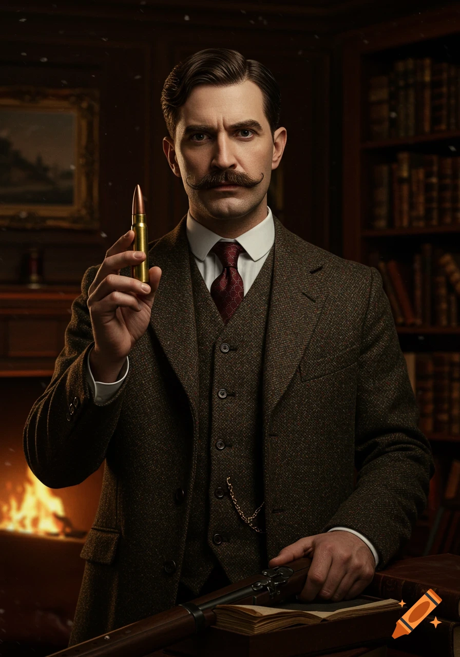 A stern man with a prominent mustache in a tweed suit holds a rifle bullet. A rifle lies on books in a library, with a fire glowing.
