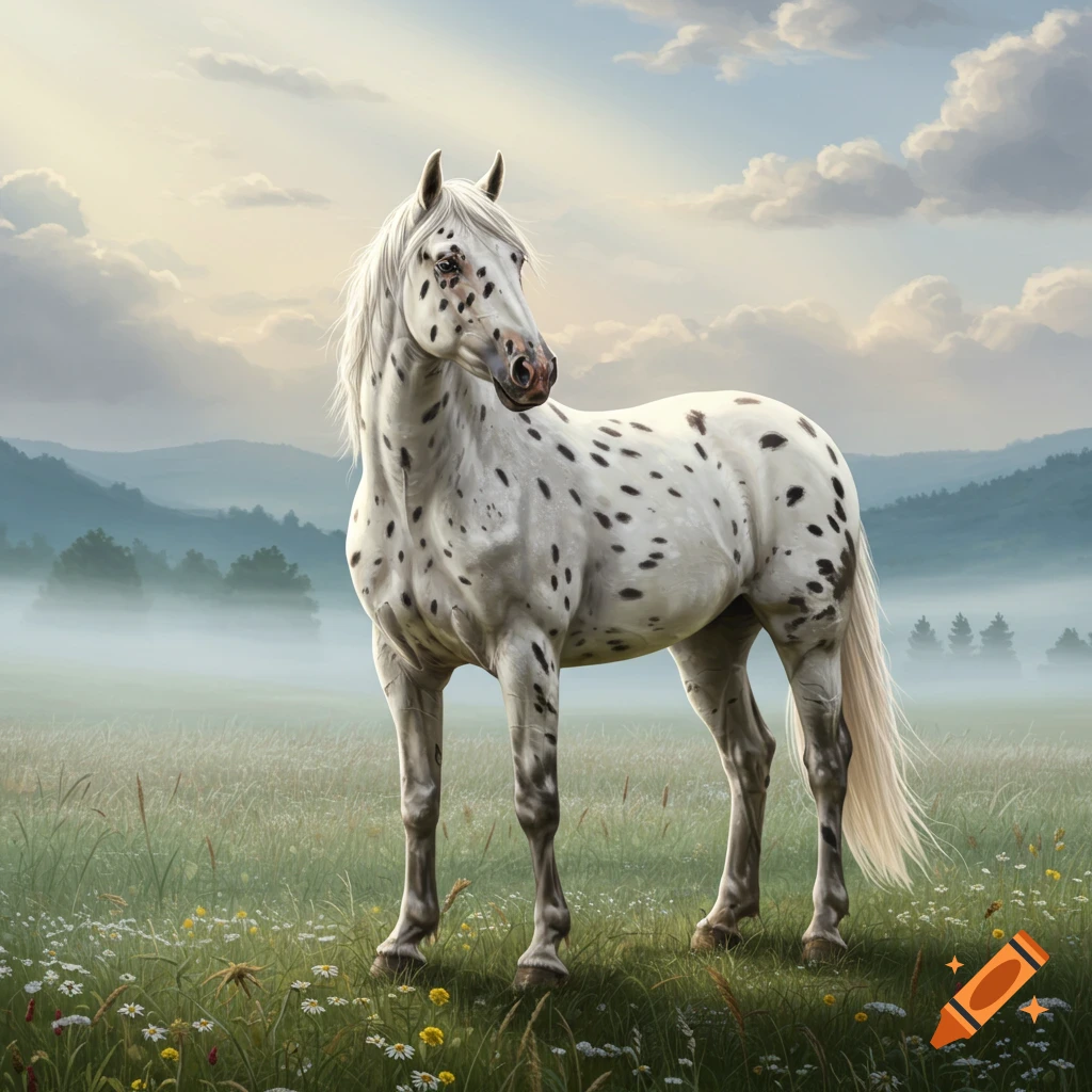 A white Appaloosa horse with black spots stands in a misty green meadow, wildflowers scattered around, under a cloudy sky.