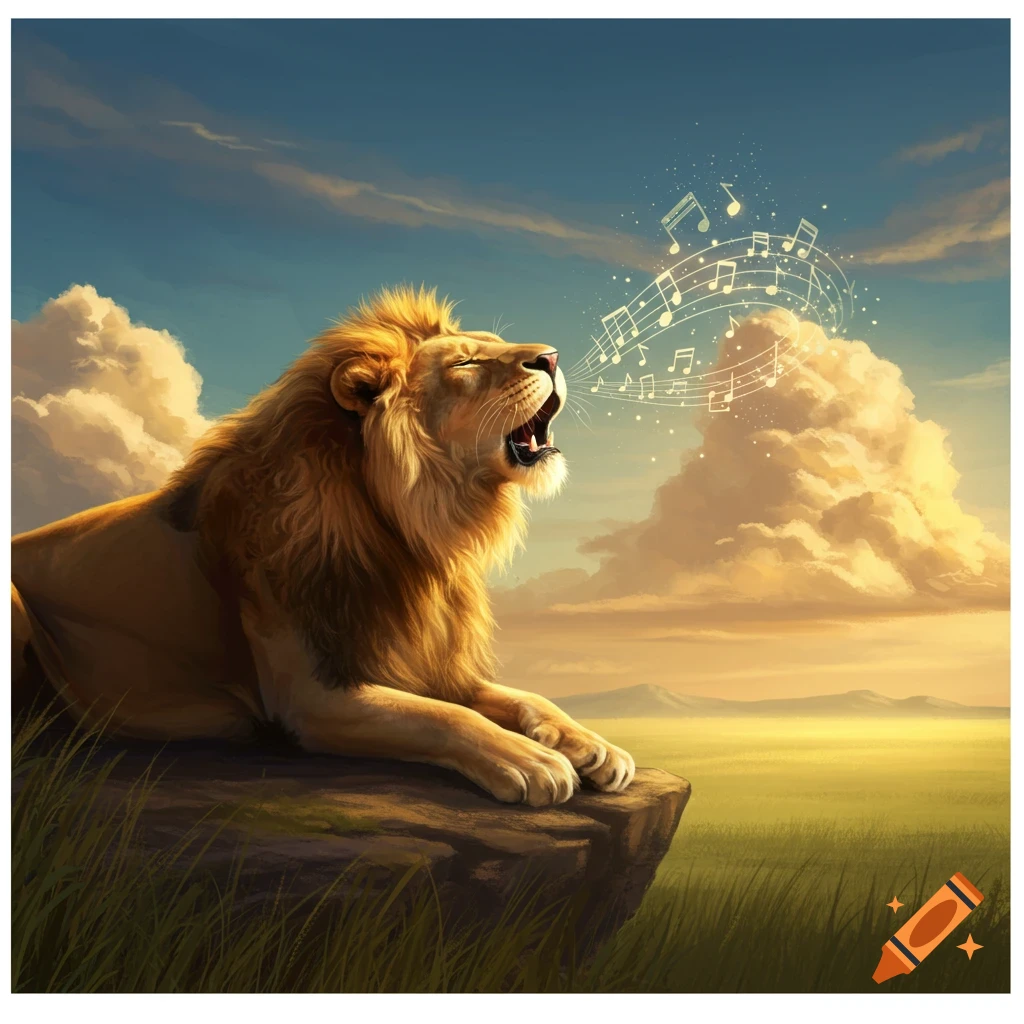 A majestic lion roars, with musical notes emanating from its mouth, against a vibrant sunset sky over a savanna.