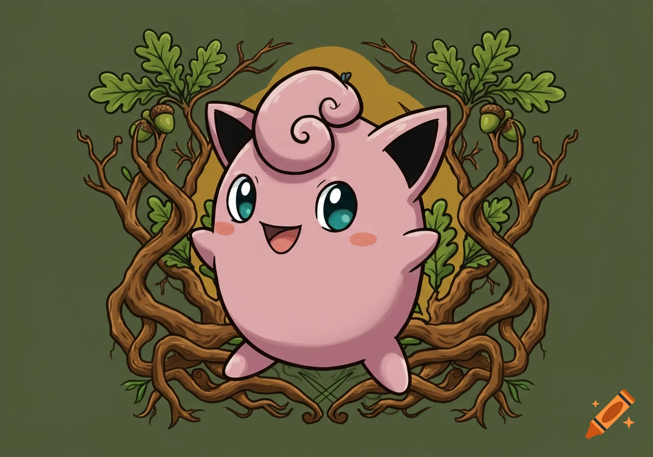 Smiling pink Wigglytuff Pok\u00e9mon surrounded by intertwined oak branches with green leaves and acorns, in an illustrated tattoo style.