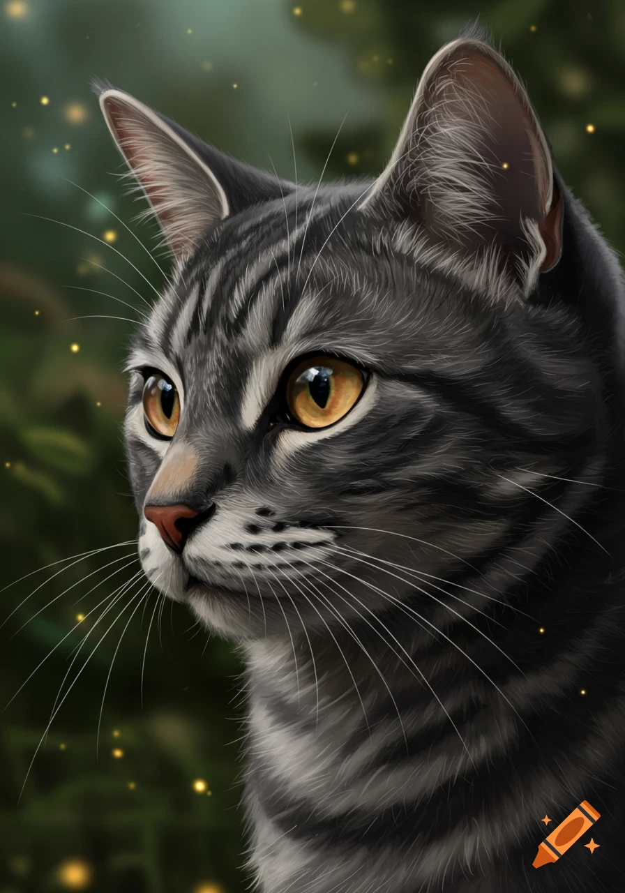 Close-up digital painting of a grey tabby cat with bright orange eyes, looking left against a blurred green background with sparkling lights.