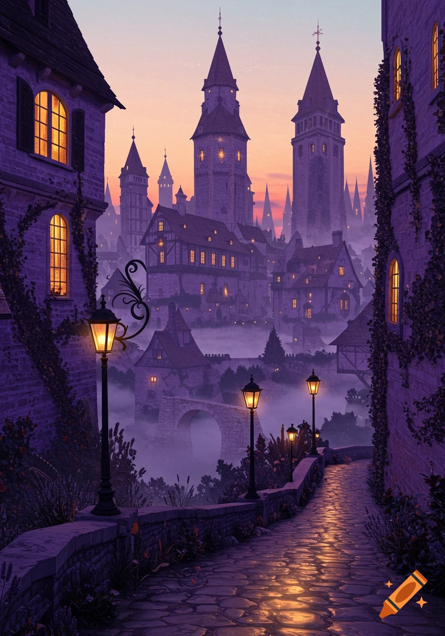 A mystical purple city at dusk, with towering castles, houses, and glowing street lamps on a cobblestone path, shrouded in mist.