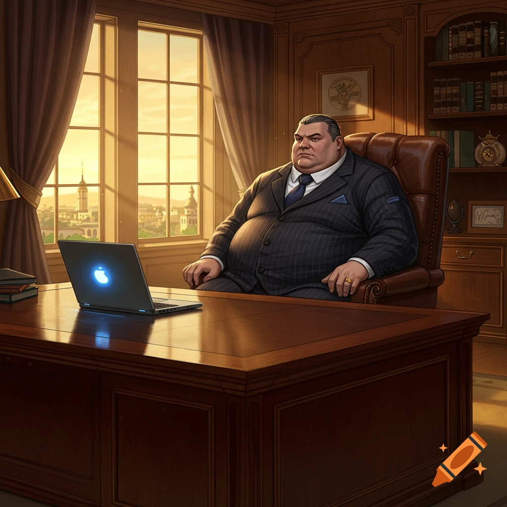 A serious, portly businessman in a pinstripe suit sits at a grand wooden desk in a sunlit office with a laptop.