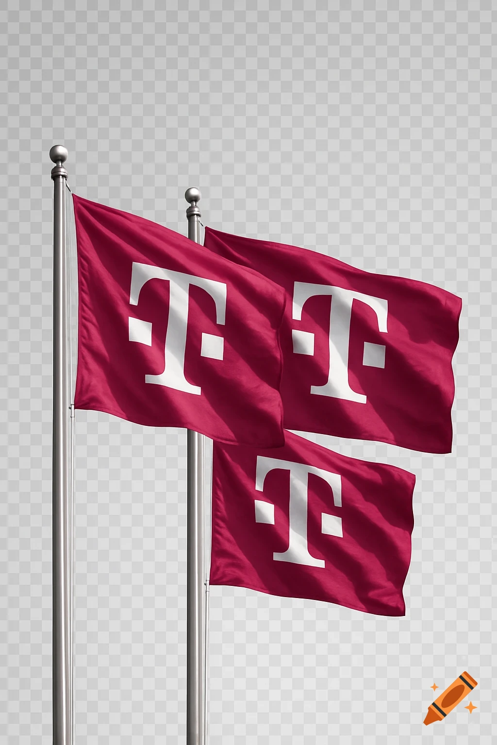 Three magenta T-Mobile flags with a white T logo wave on poles against a transparent background.