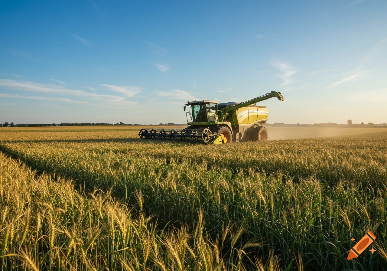 A green and cream combine harvester works in a golden crop field under a clear blue sky.