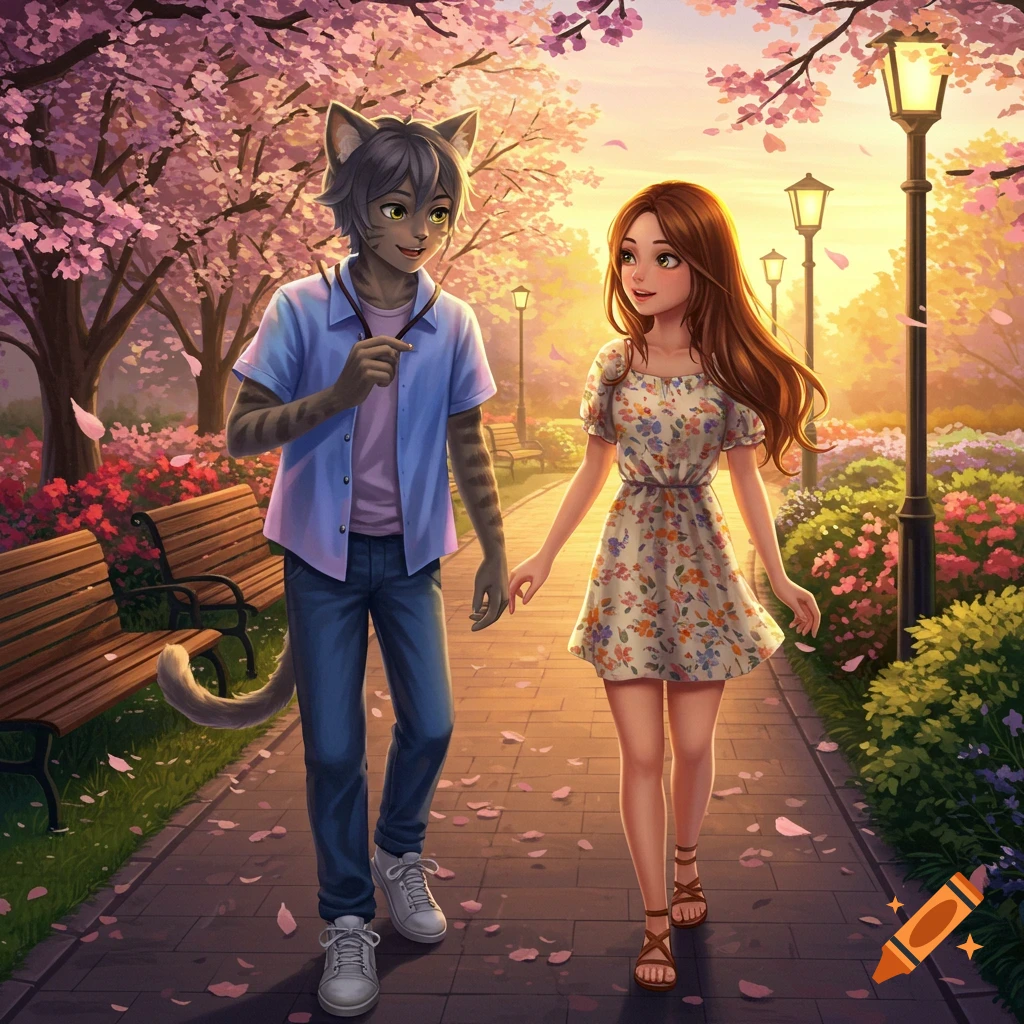 Anime illustration of a cat-eared boy and a girl walking in a cherry blossom park at sunset.